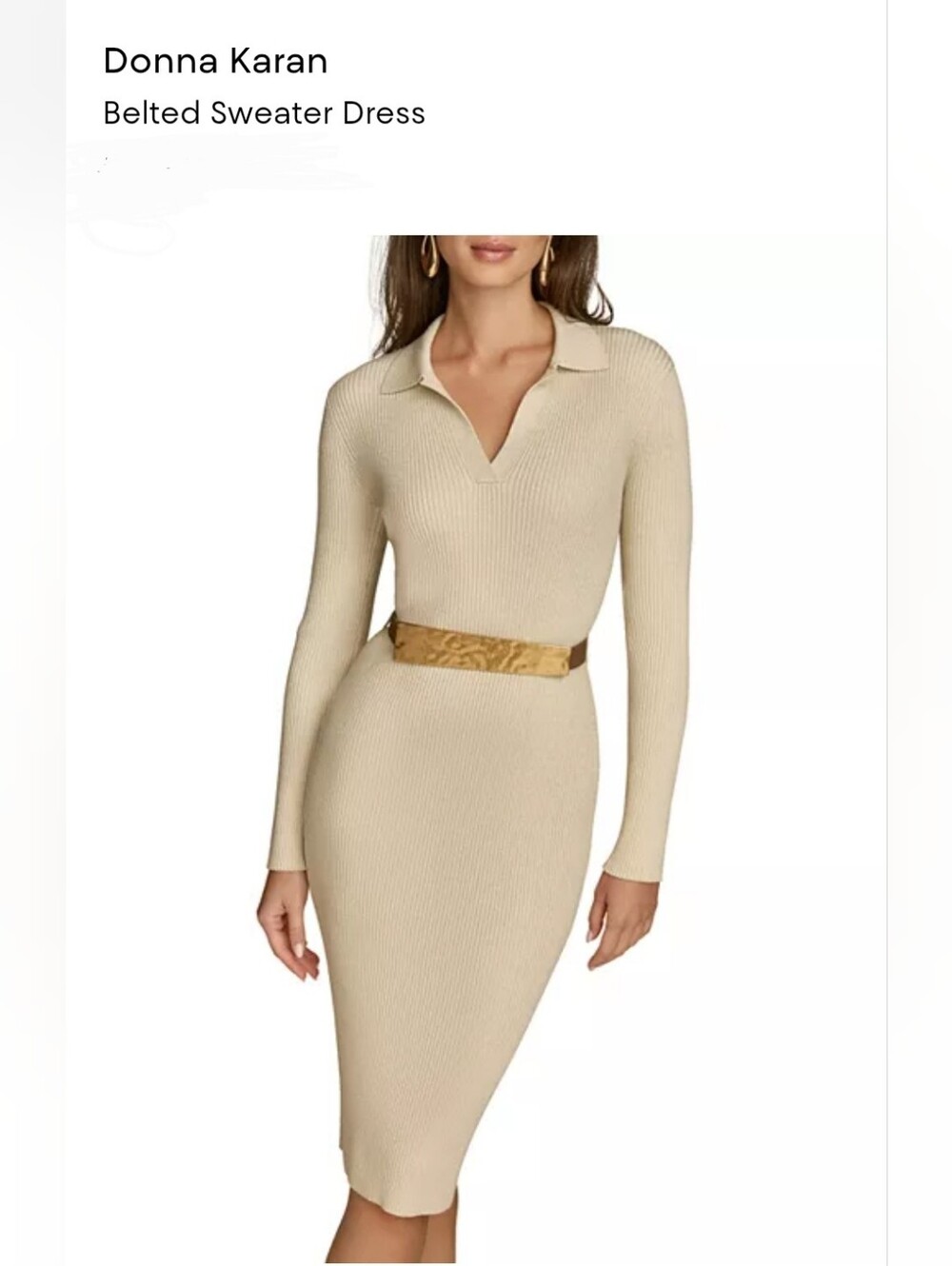 Donna Karan Cream Ribbed Long-Sleeve Belted Sweater Dress